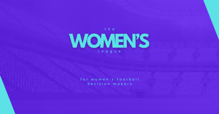 Cover image of The Women’s League magazine featuring bold turquoise text on a purple stadium background. Tagline reads: "For women’s football decision makers."