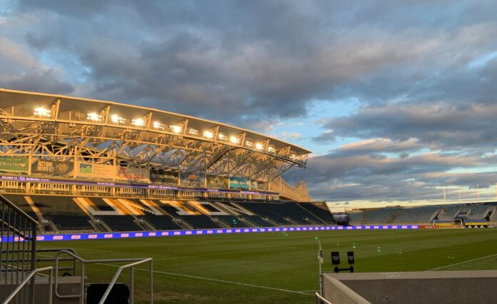 Subaru Park in Chester, Pennsylvania, illuminated at sunset ahead of a FIFA Club World Cup 2025 match.