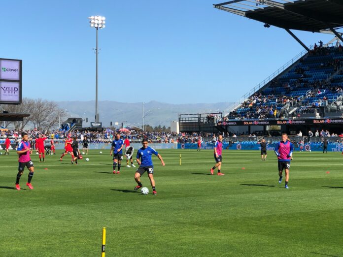 San Jose Earthquakes players warm up against Toronto FC during the 2020 MLS season opener.