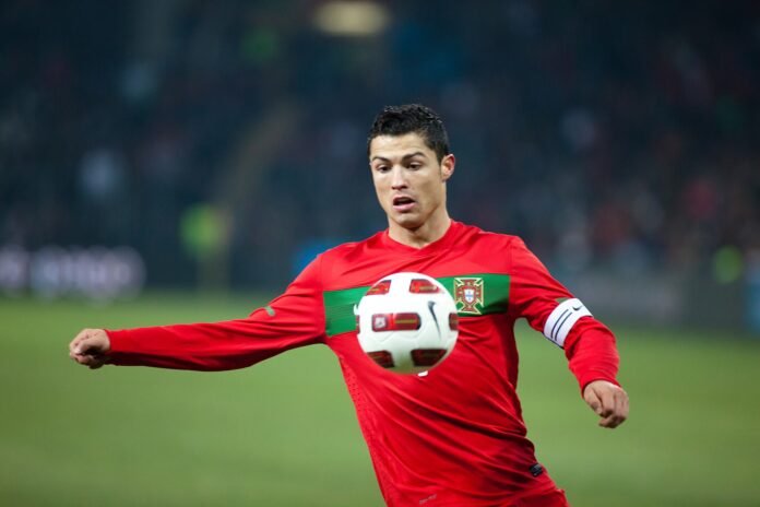 Cristiano Ronaldo during an international match, representing how footballers build powerful personal brands like CR7.