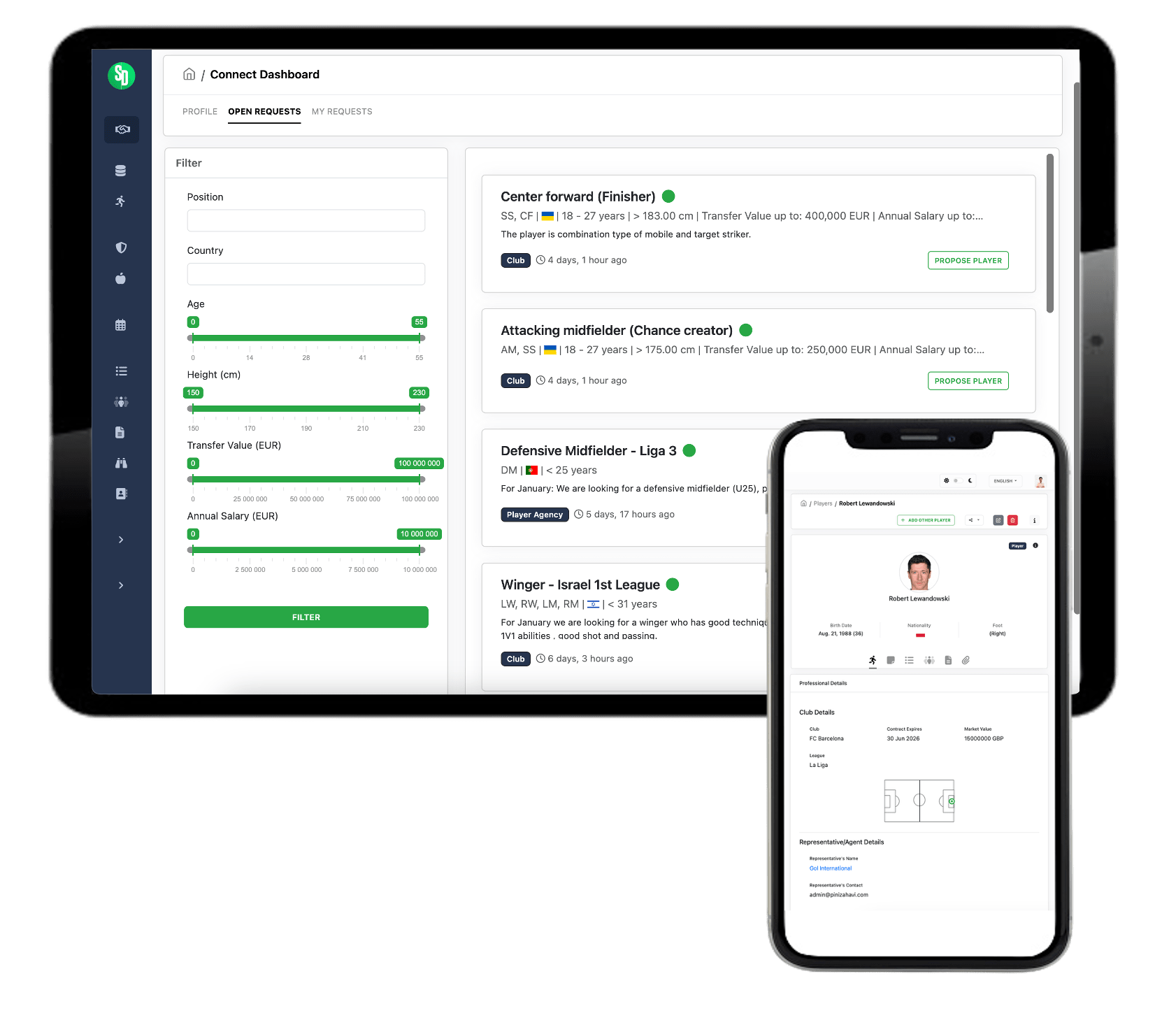 ScoutDecision connect dashboard displaying live player requests and matchmaking between clubs and agencies.