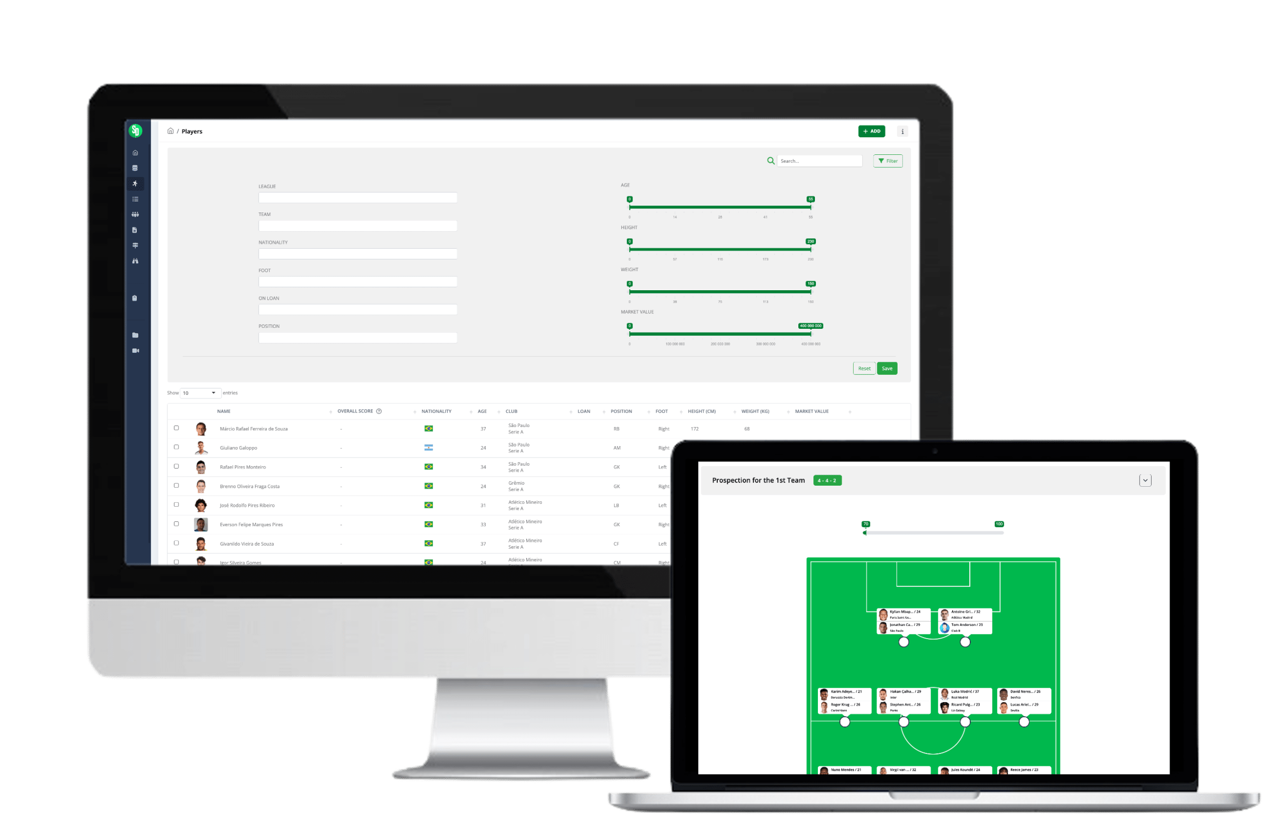 ScoutDecision player database with filters for age, position, value, and recruitment criteria.