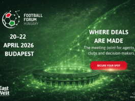 Football Forum Hungary 2026 promotional banner at Puskás Arena in Budapest