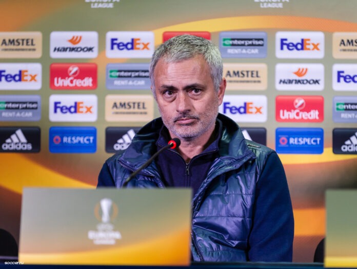 José Mourinho speaking at a Europa League press conference, reflecting his influence beyond football management.