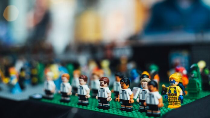 Lego football minifigures on display, representing collectable World Cup themed merchandise and sports marketing strategy