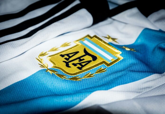 Close-up of the Argentina national team jersey badge symbolising pride, identity and international football heritage.