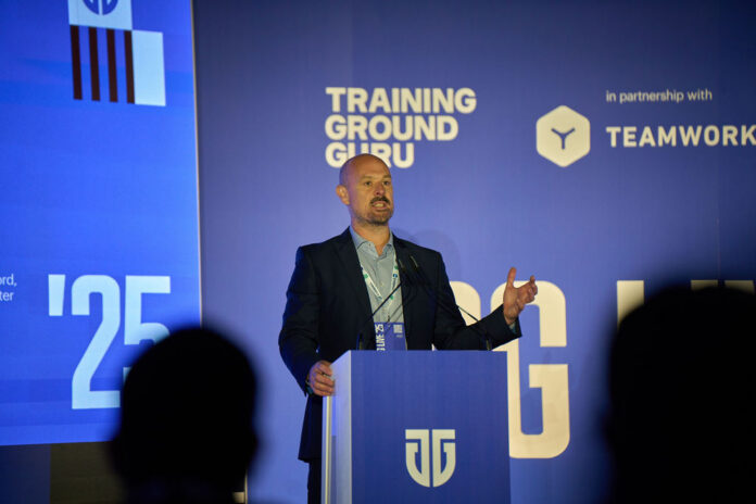 Simon Austin presenting at TGG Live, a football event focused on coaching, performance and leadership in the modern game