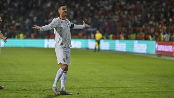 Cristiano Ronaldo celebrates for Portugal, showcasing the global influence of the CR7 brand on and off the pitch.