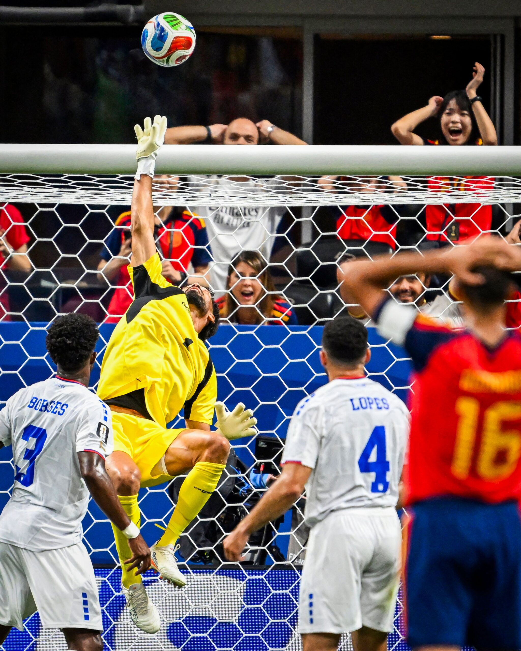 Vozinha makes a dramatic save for Cape Verde against Spain at the World Cup.