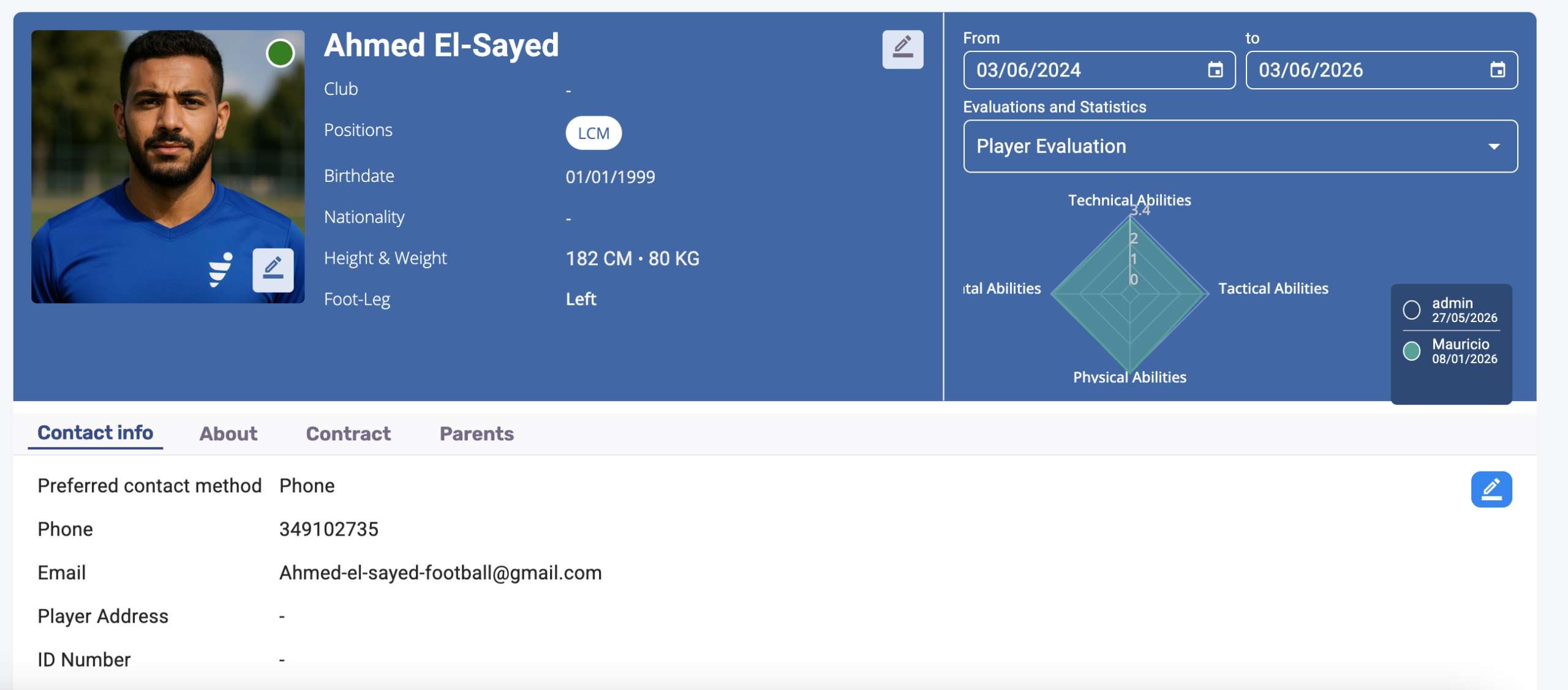 EasyCoach player profile showing evaluations, statistics and contact information for long-term player development.