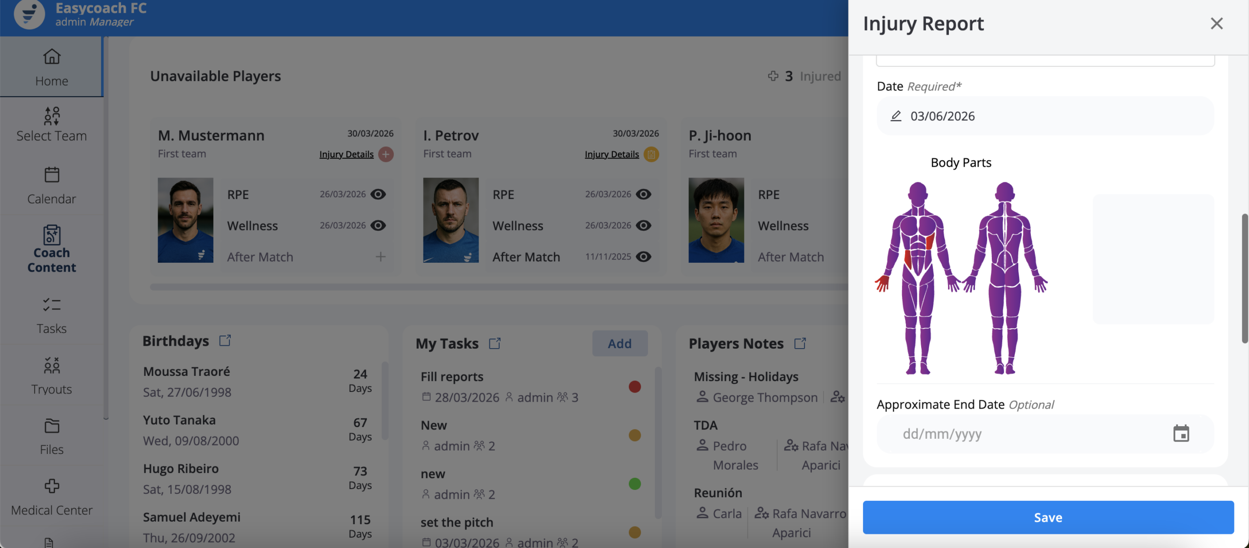 EasyCoach medical center showing an injury report and player availability tracking for football clubs.