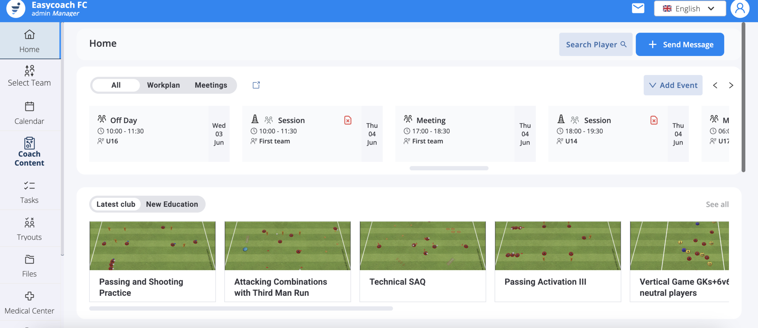 EasyCoach dashboard showing club operations, coach content and team planning tools in one platform.