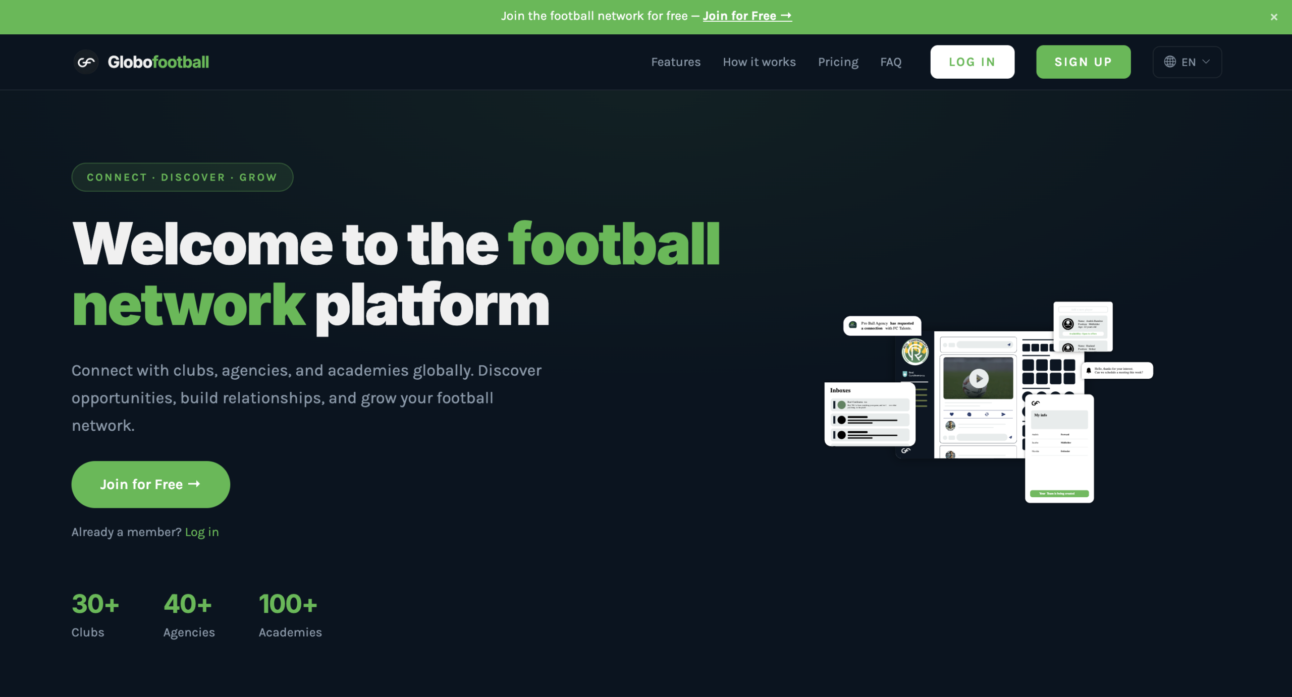 Globofootball homepage showing a free football network platform for clubs, agencies and academies.