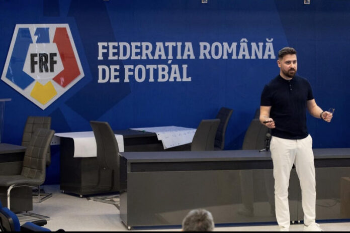 Gabriel Glăvan presenting at the Romanian Football Federation, reflecting scouting education and analysis.