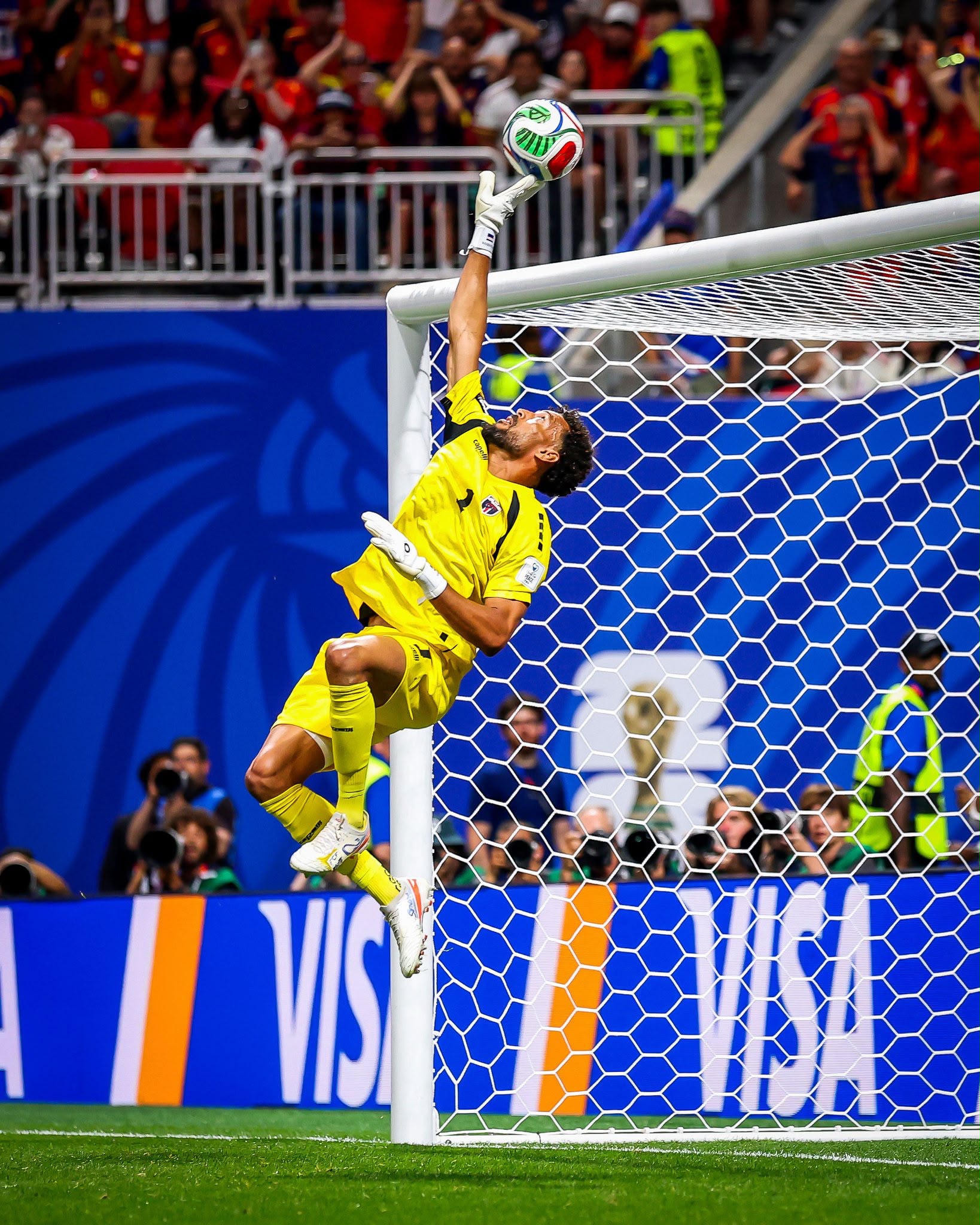 Vozinha makes a full-stretch save for Cape Verde during the World Cup.