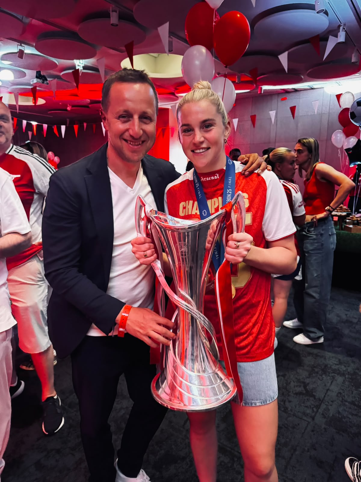 Misha Sher with Alessia Russo celebrating Arsenal’s UEFA Women’s Champions League success.