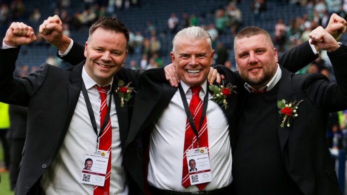 Football executives celebrating at a stadium, reflecting Aberdeen FC leadership, strategy and club success.
