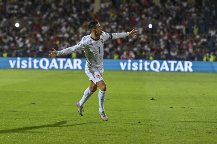 FIFA World Cup 2026 Qualifying match between Armenia and Portugal. Cristiano Ronaldo celebrating for Portugal during an international match