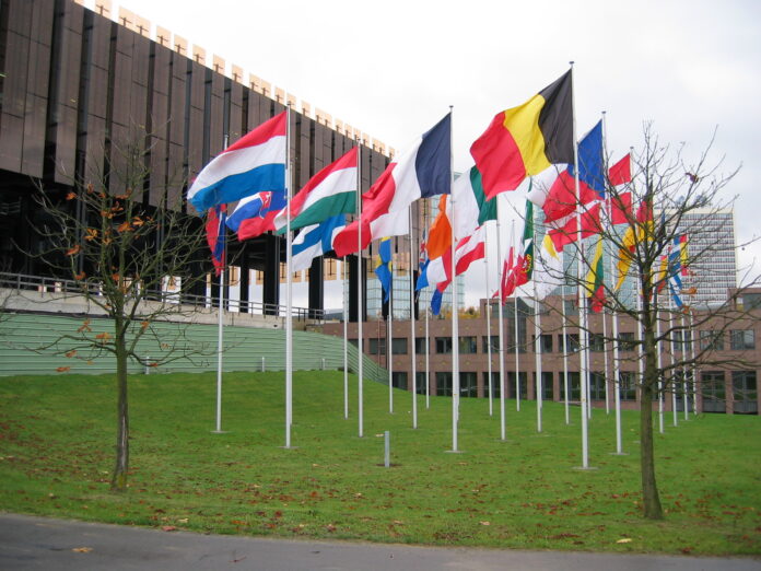 Court of Justice of the European Union buildings in Luxembourg with EU member state flags