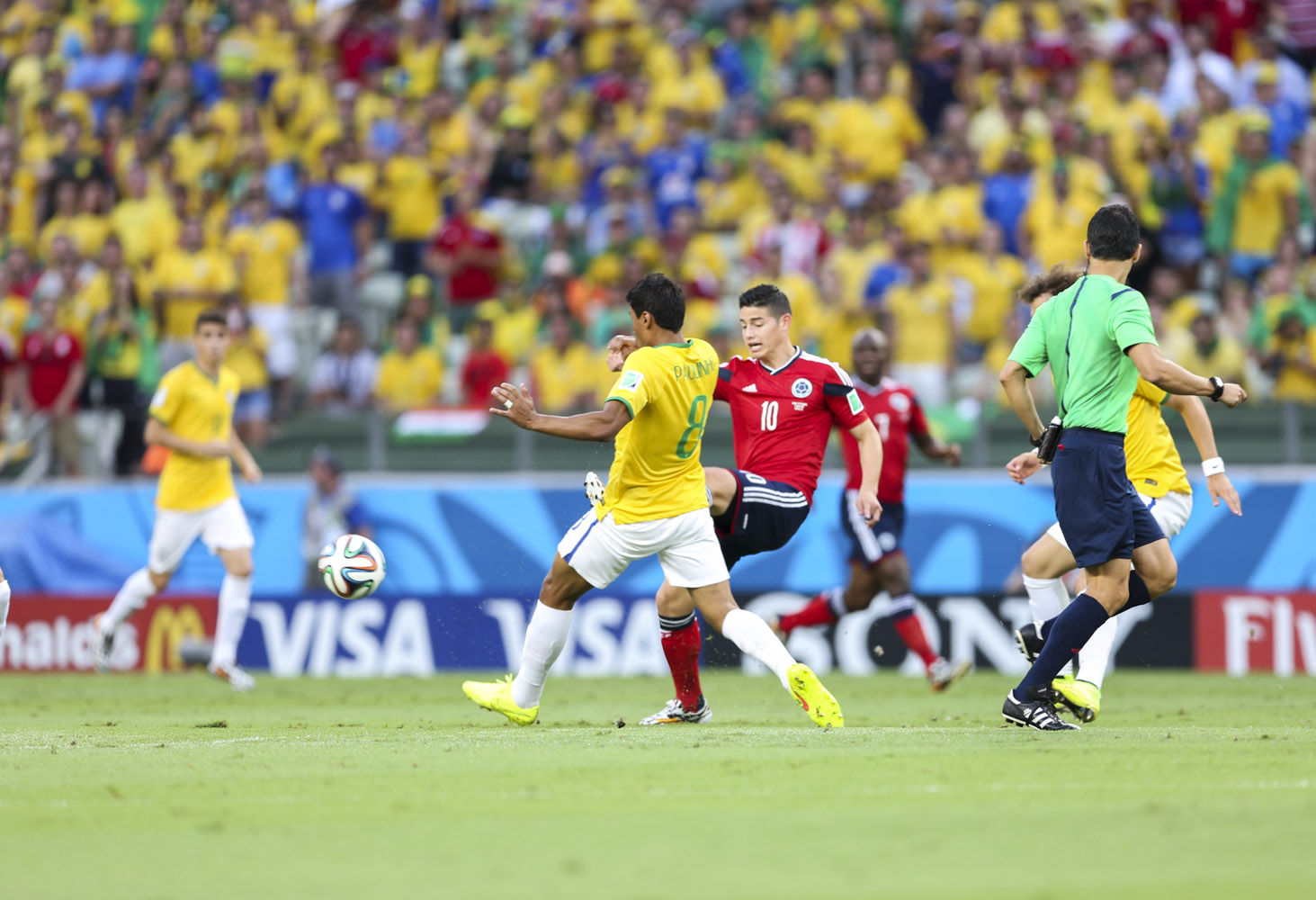 James Rodríguez plays for Colombia against Brazil at the 2014 FIFA World Cup