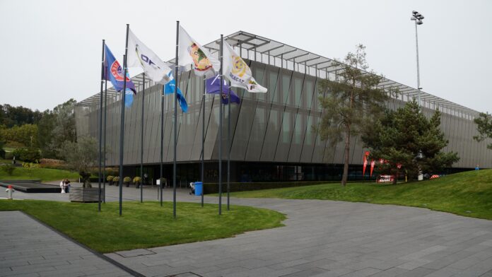 FIFA headquarters in Zurich with member association flags outside the organisation's global administrative offices.