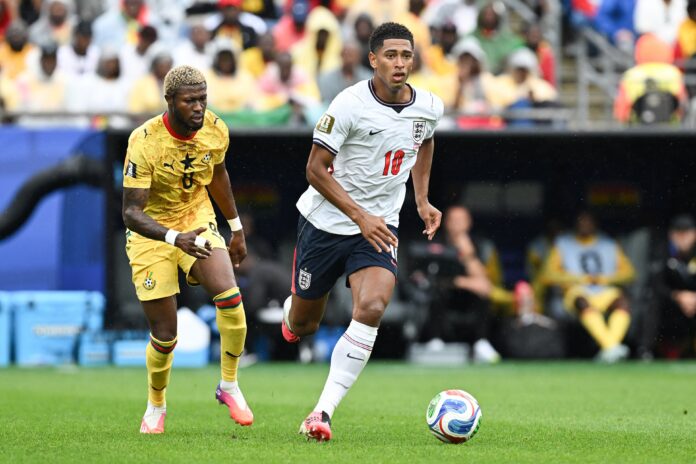 Jude Bellingham carries the ball for England during the 2026 FIFA World Cup match against Ghana.