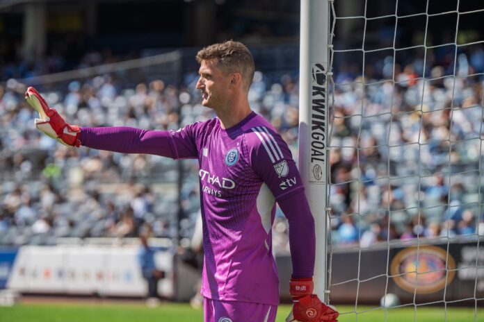 Matt Freese in goal for New York City FC, representing the pathway of goalkeeper development in U.S. soccer.