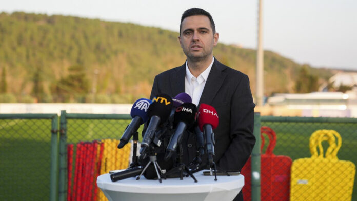 Ceyhun Kazancı speaking to the media, reflecting his leadership role in Turkish football.
