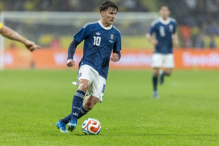 Christos Tzolis in action for Greece against Sweden in June 2026, representing the new generation of Greek football talent.