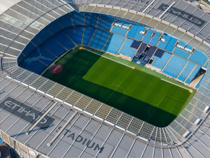 Aerial view of Manchester City’s Etihad Stadium, home of the Premier League club facing 115 financial charges.