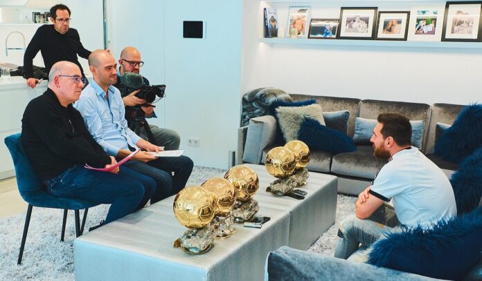 Lionel Messi during a filmed interview, illustrating the commercial value of player image rights in modern football.