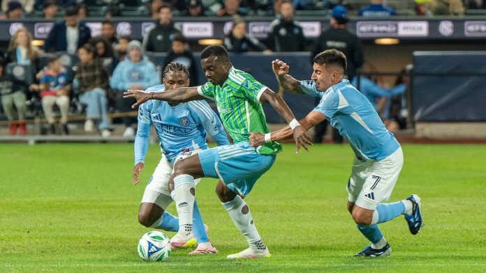 Nouhou Tolo challenges for the ball during Seattle Sounders’ match against New York City FC in October 2025.