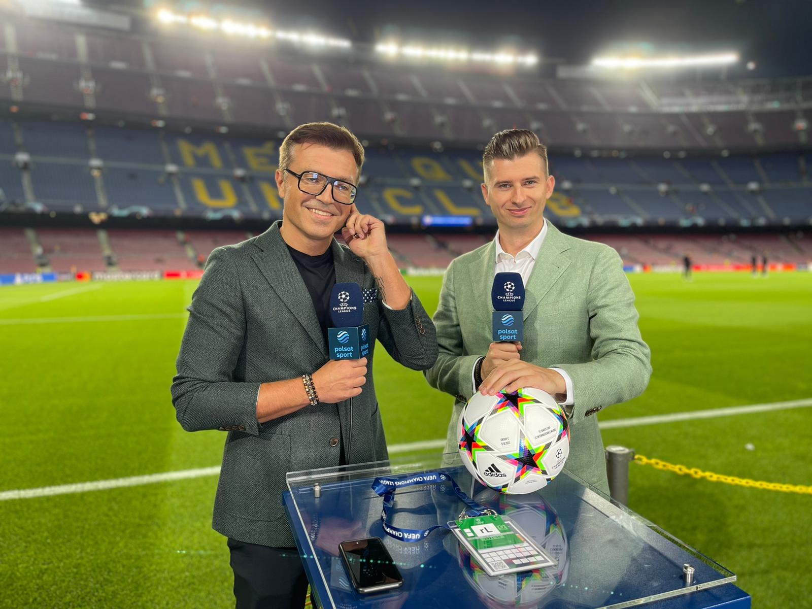 Przemysław Łagożny working as a football analyst during a UEFA Champions League broadcast for Polsat Sport.