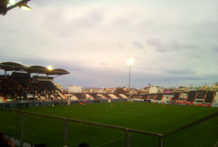 Theodoros Vardinogiannis Stadium in Heraklion, the historic home of OFI Crete, during a football match.