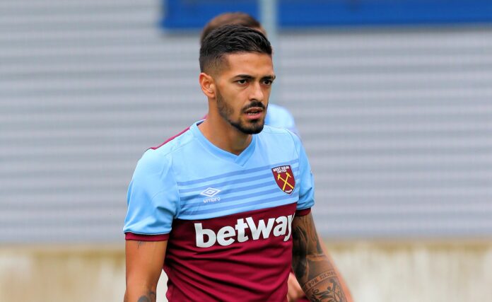 Manuel Lanzini wears a West Ham United shirt featuring betting sponsor Betway during a 2019 friendly.
